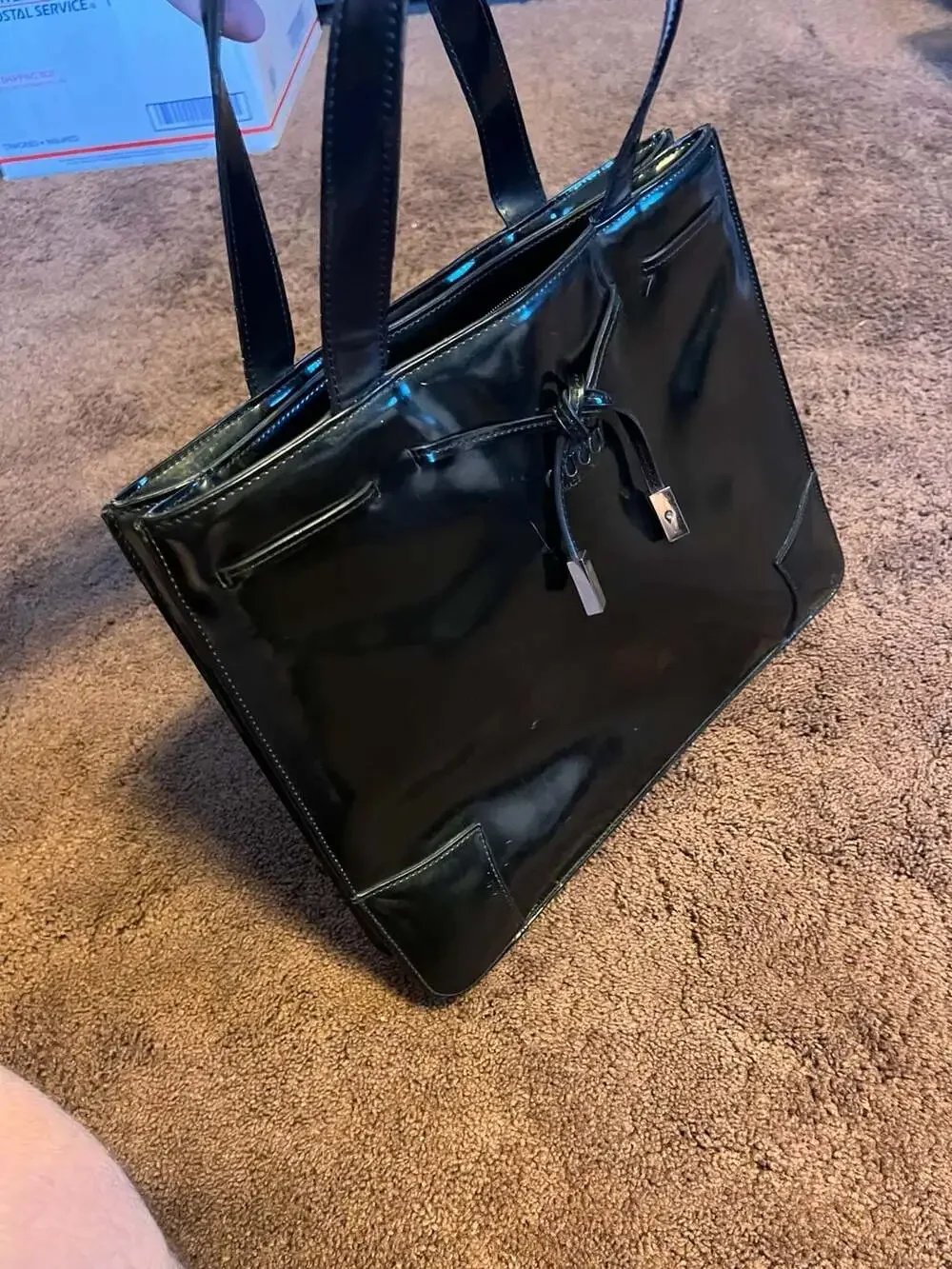 GUCCI Vintage Black Patent Leather Tote Bag with Drawstring and Front Logo